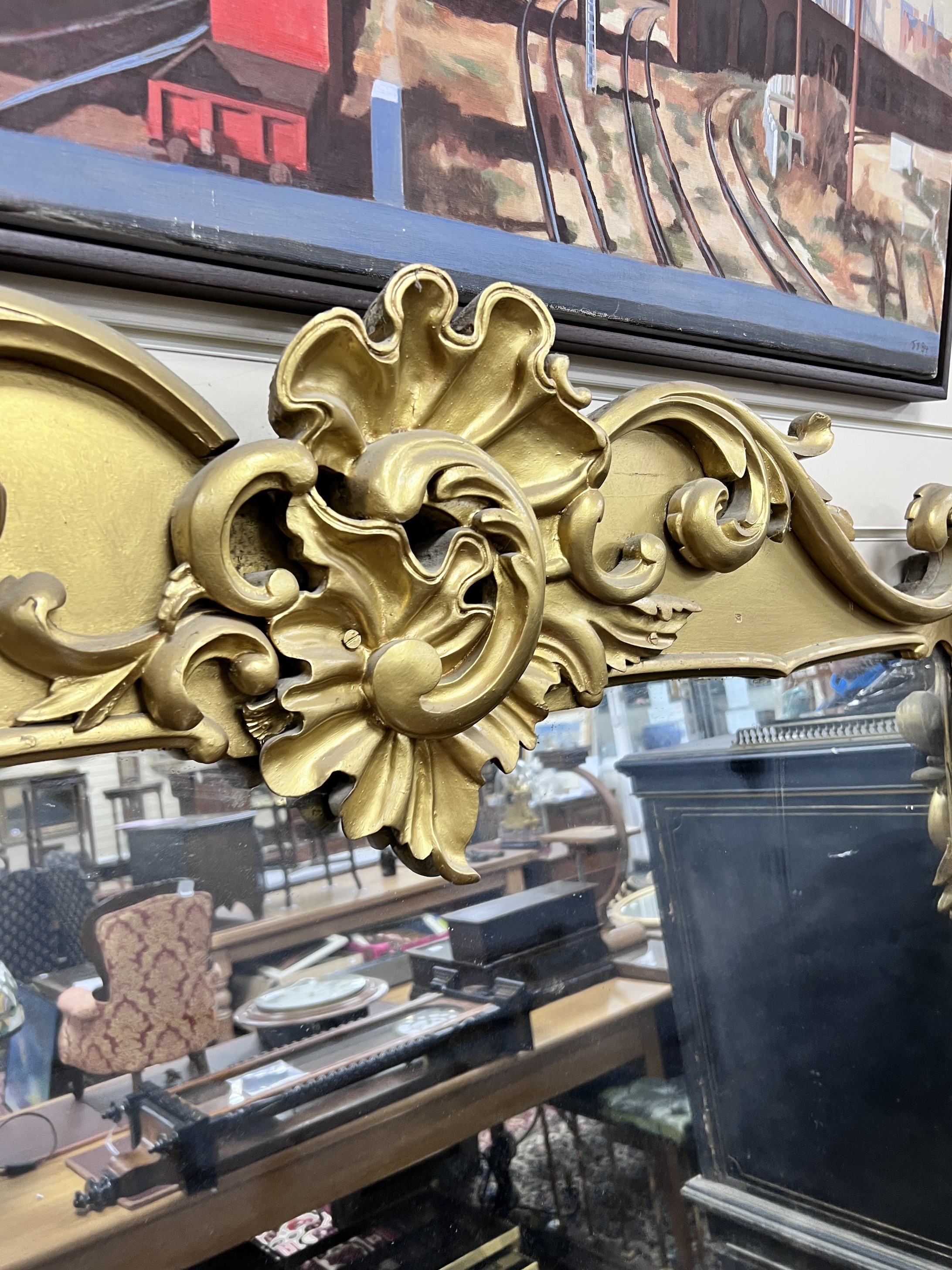 A late Victorian gold painted overmantel mirror, width 154cm, height 176cm